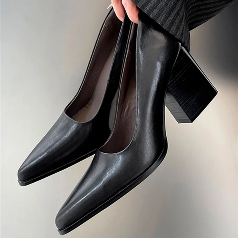 

Luxury Chunky Heel Leather PU Women Pumps Sexy Pointed Toe High Heels for Ladies Elegant Office Loafers Comfortable Women Shoes