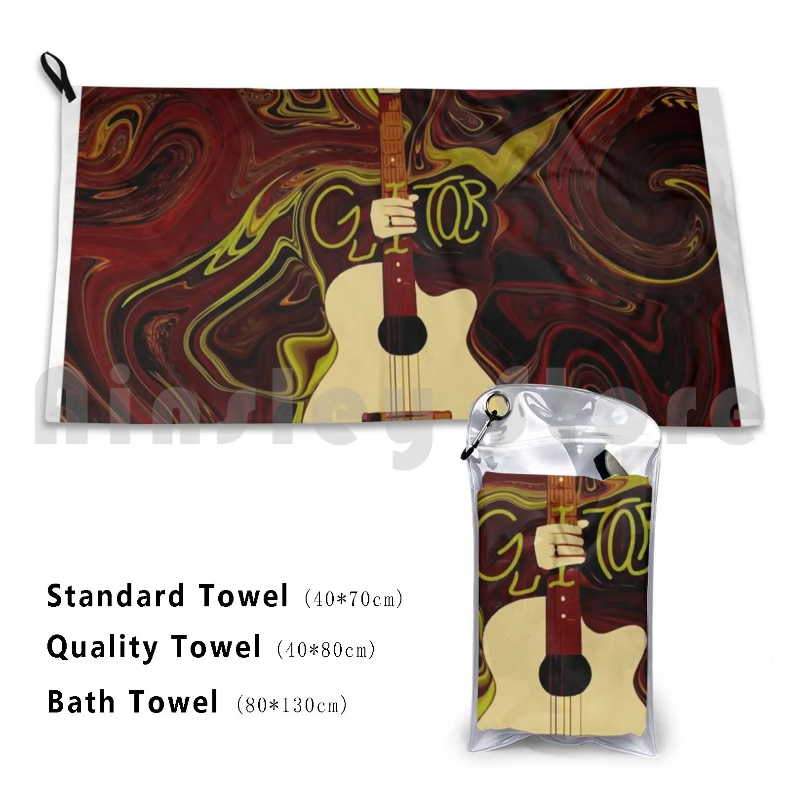 Guitar On Abstract Swirls Pattern Beach Towel Quick Dry Quality Towel Guitar Music Pattern Colorful Grunge Brown Red