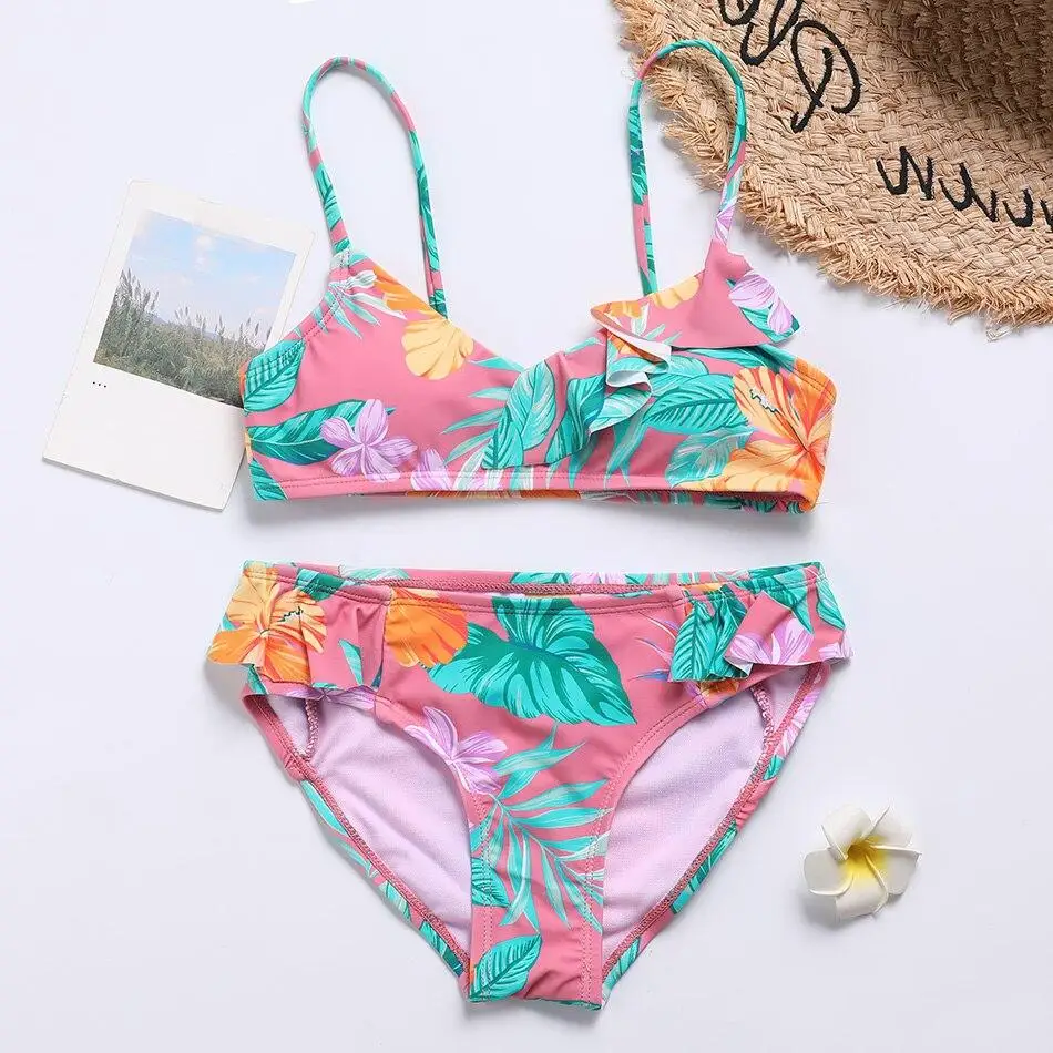 Tropical Flower Girl Swimsuit Kids Ruffle Two Piece Children's Swimwear 7-16 Years Girl Bikini Set Girls Bathing Suit Beachwear