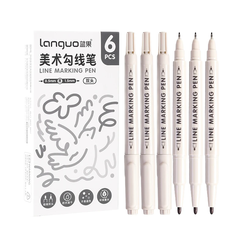 Languo 6/12Pcs Double Tip Line Marking Pen Drawing Manga Outlining Art Marker Brush for Sketch Painting Stationery Supplies
