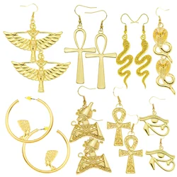 Vintage Gold Color Women Earring Ancient Egyptian Queen Cross Snake Ear Pendant Hoop Eardrop Amulet Jewelry Drop Dangle Earrings