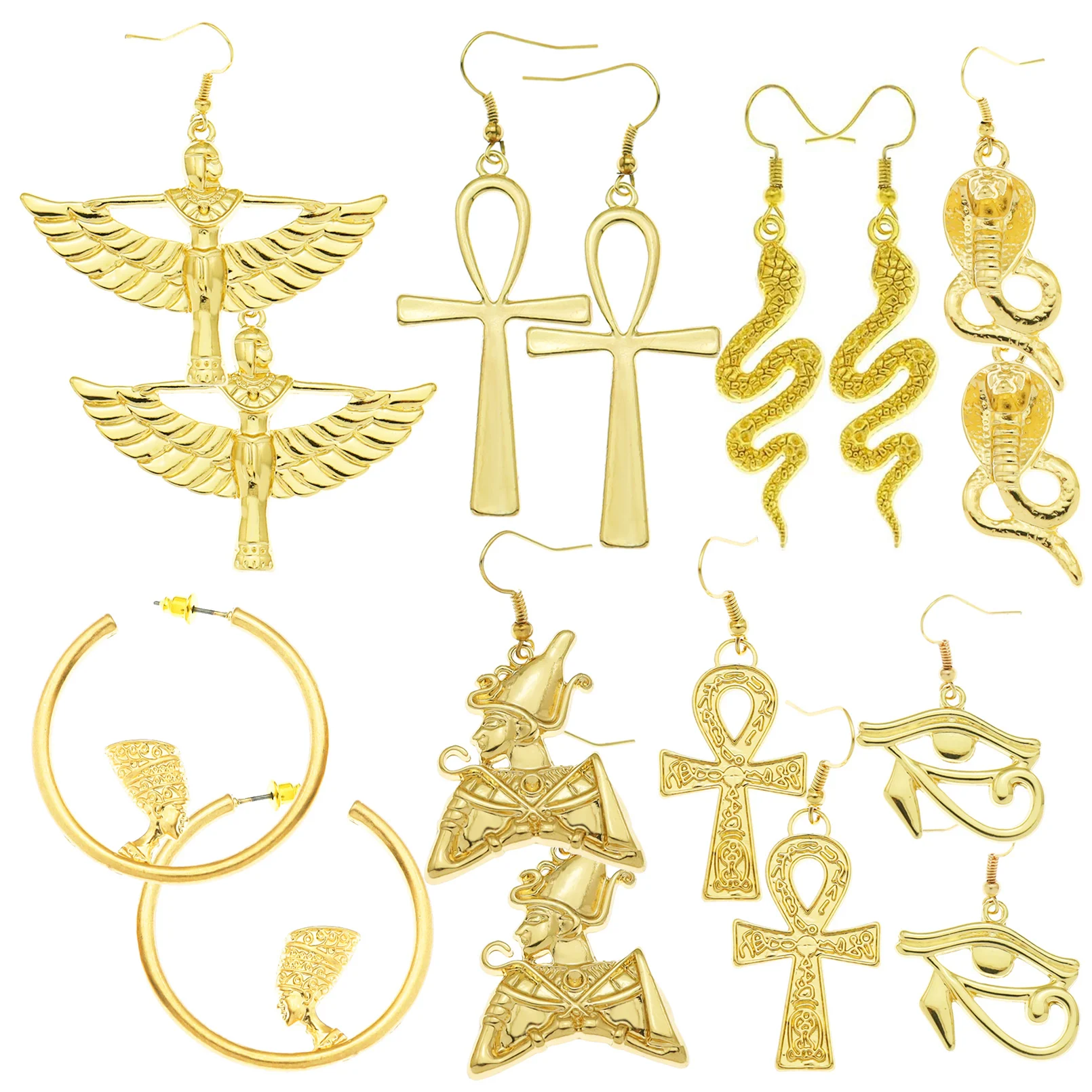 Vintage Gold Color Women Earring Ancient Egyptian Queen Cross Snake Ear Pendant Hoop Eardrop Amulet Jewelry Drop Dangle Earrings