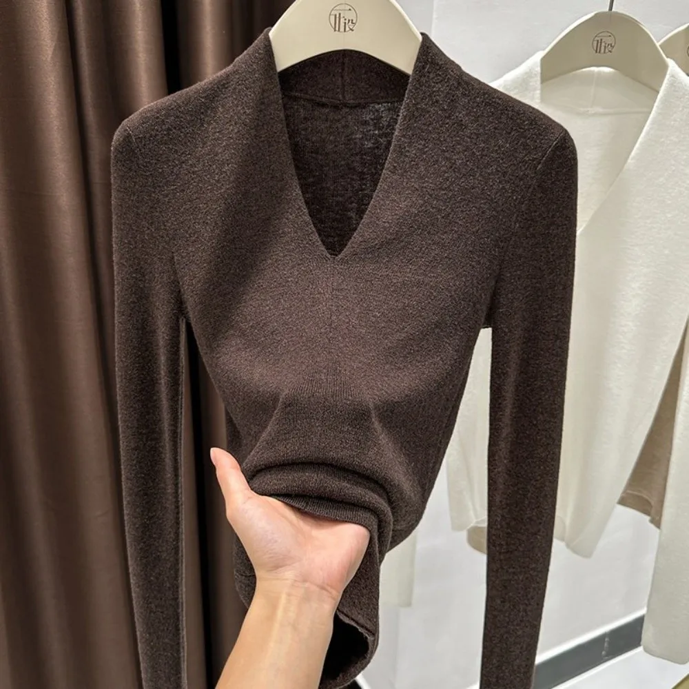 Fashion Long Sleeve Women's Knitted Sweater V-Neck Slim Fit Pullover Solid Color Basic Sweater Top For Women