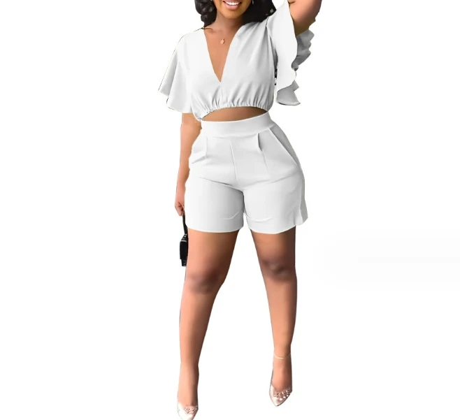 

Women Casual Summer Two-piece Outfits Solid Color V-neck Ruffle Short Sleeve Crop Top and Pockets Straight Leg Work Shorts Set