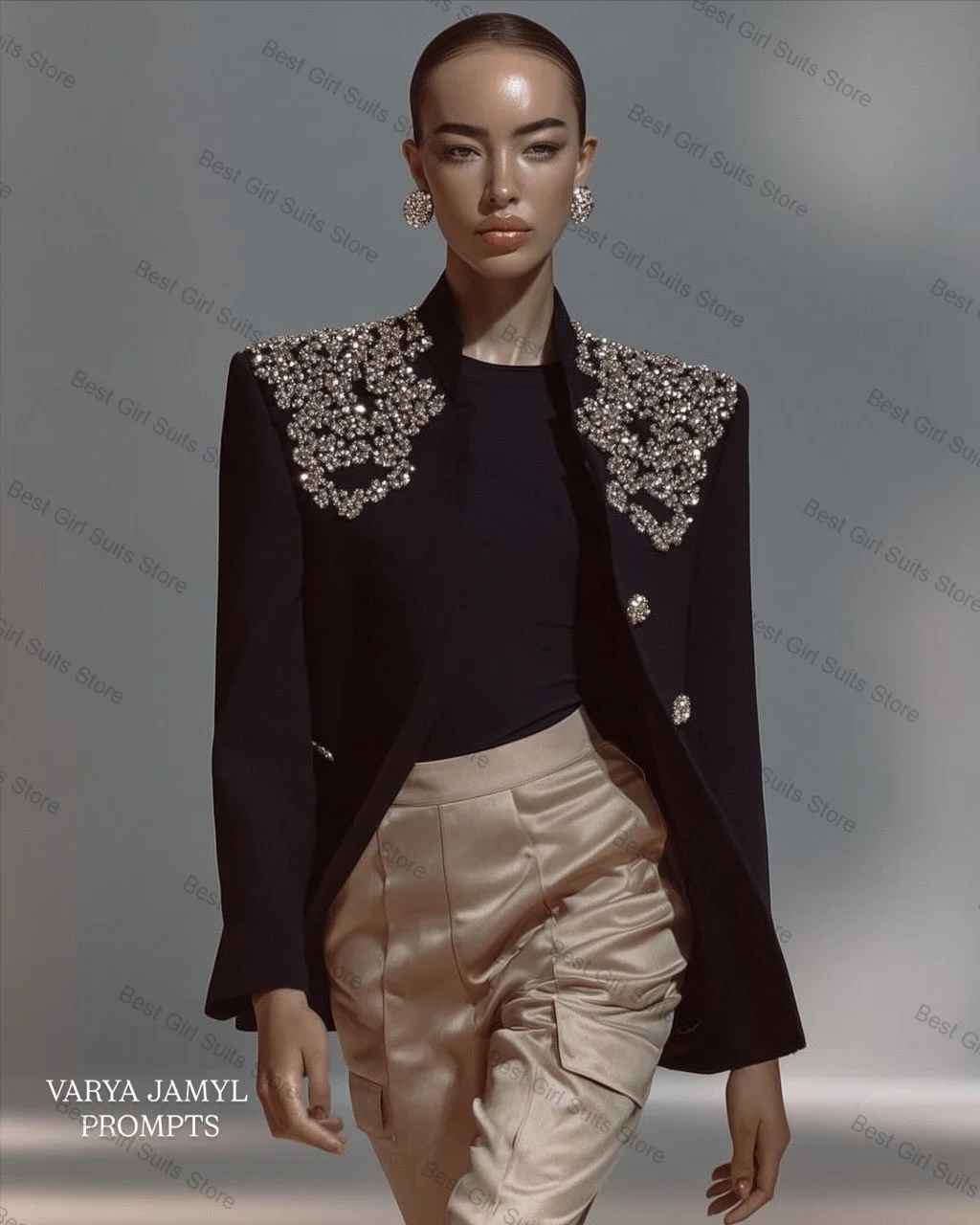 

Women Suit Set 2 Pcs Blazer+Straight Pants Luxury Beaded Crystals Formal Office Lady Jacket Customized Wedding Tuxedos Prom Coat