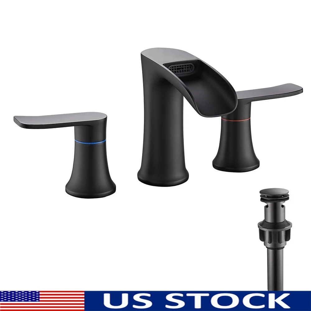 

Matte Black Bathroom Faucet 8 Inch Widespread Sink Faucet 3 Hole Ceramic Valve Waterfall Faucet Pop-Up Drain Easy Installation