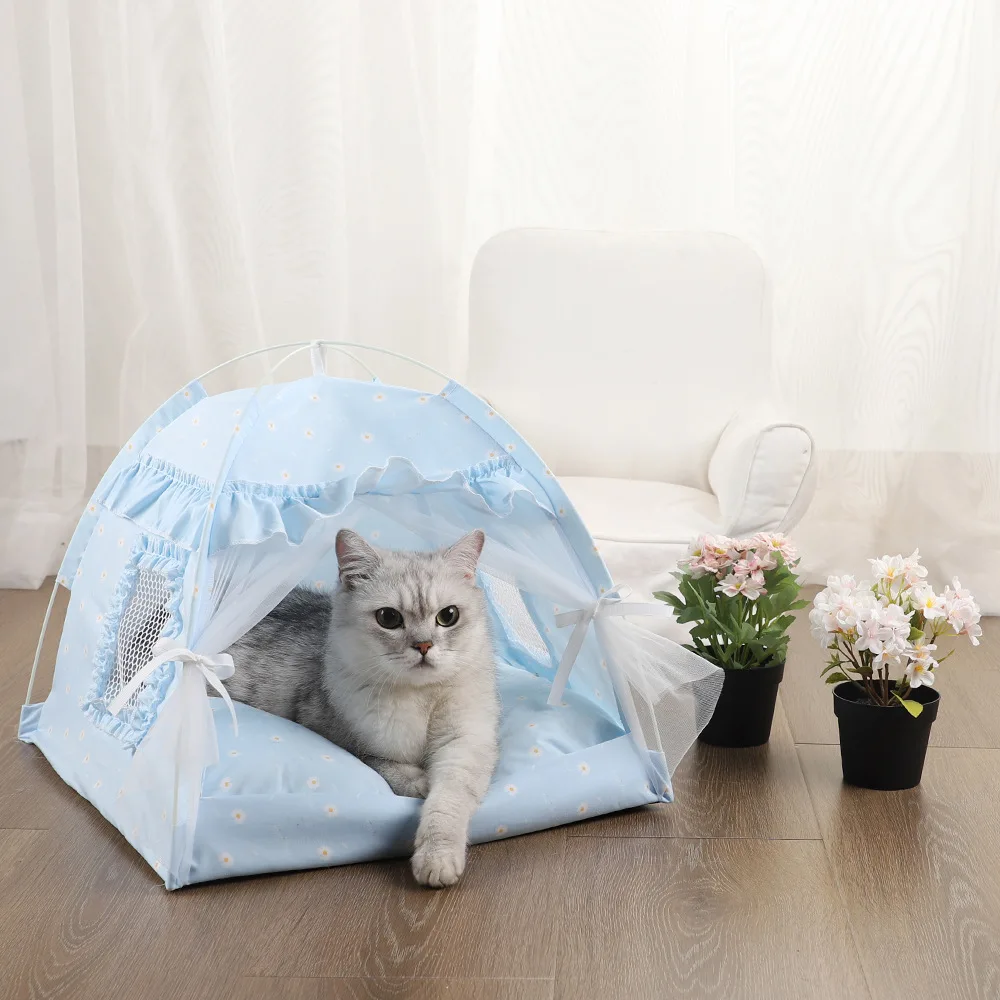 

Summer pet semi enclosed tent breathable cat and dog house outdoor blue floral tent foldable