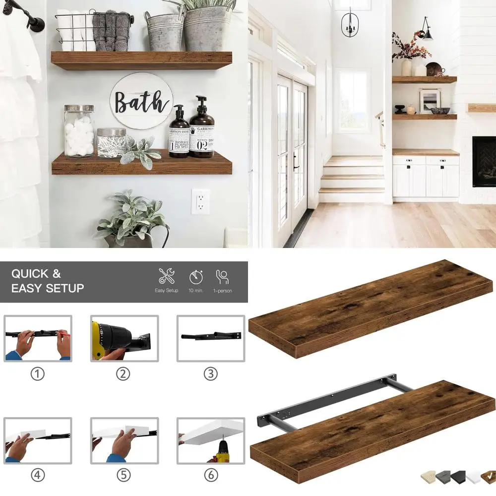 

Set of 2 Rustic Brown Floating Shelves, 23.6 x 9.3, Suitable for Bathroom, Kitchen, Living Room, Bedroom, and Home Decor