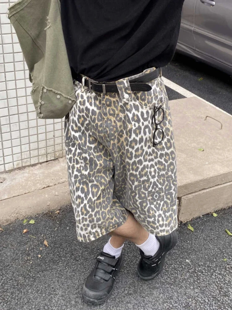 Leopard Print Short Jeans Women Y2k Vintage High Waist Harajuku Streetwear Jorts Casual Wide Leg Baggy Denim Shorts Summer