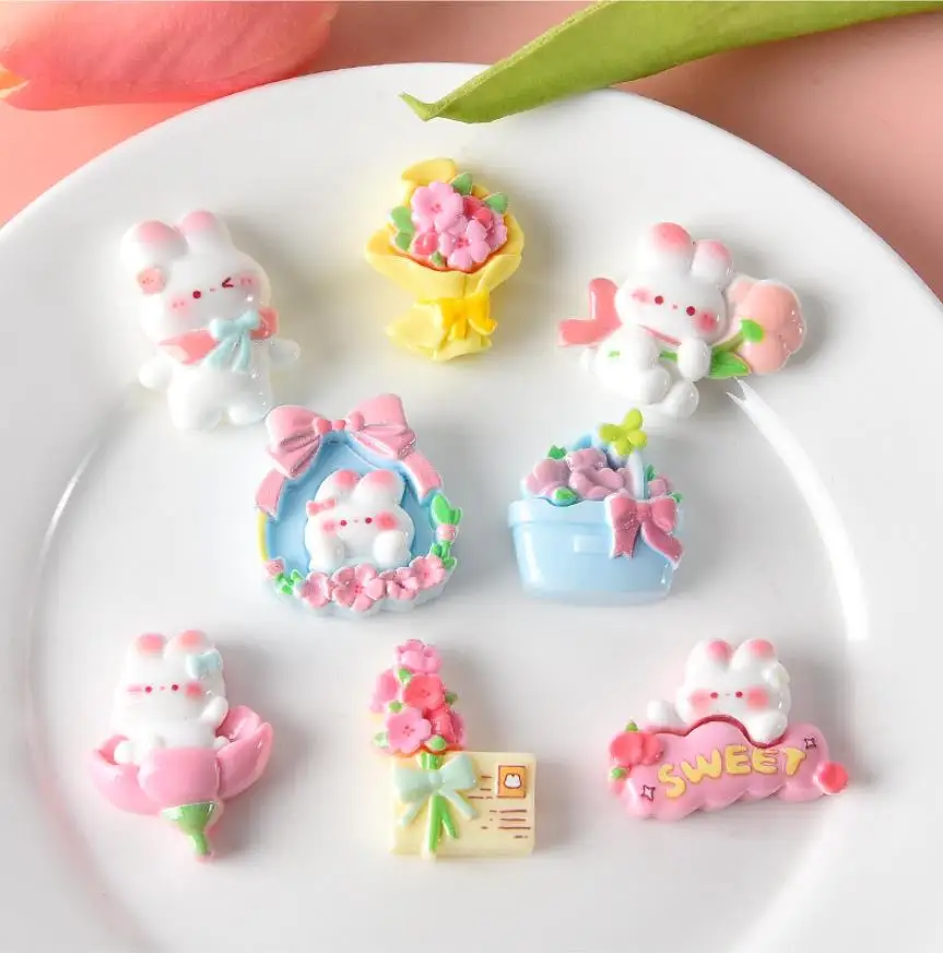 

Kawaii Cartoon Rabbit Flower Flat Back Resin Cabochons Scrapbooking DIY Jewelry Crafts Headdress Accessories