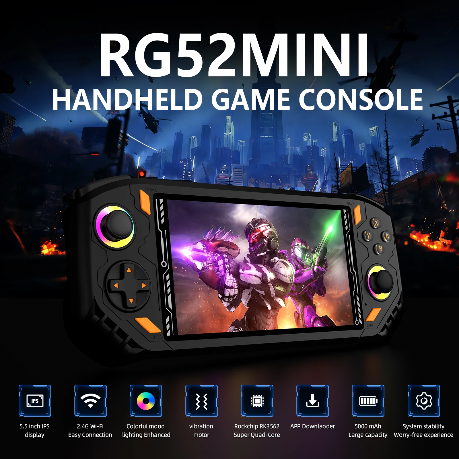 RG52 미니 휴대용 게임 콘솔 EmuELEC 시스템 2.4G WIFI 5.5인치 IPS 화면 휴대용 레트로 게임 콘솔 포켓