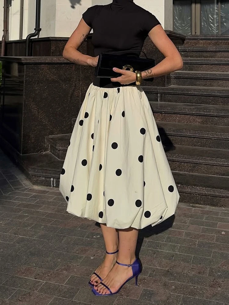 FDYOUI Woman Clothes Polka Dot Print Bubble Skirt Female Fashion Elegant High Waist Pleated Midi Skirts Evening Party Outfits