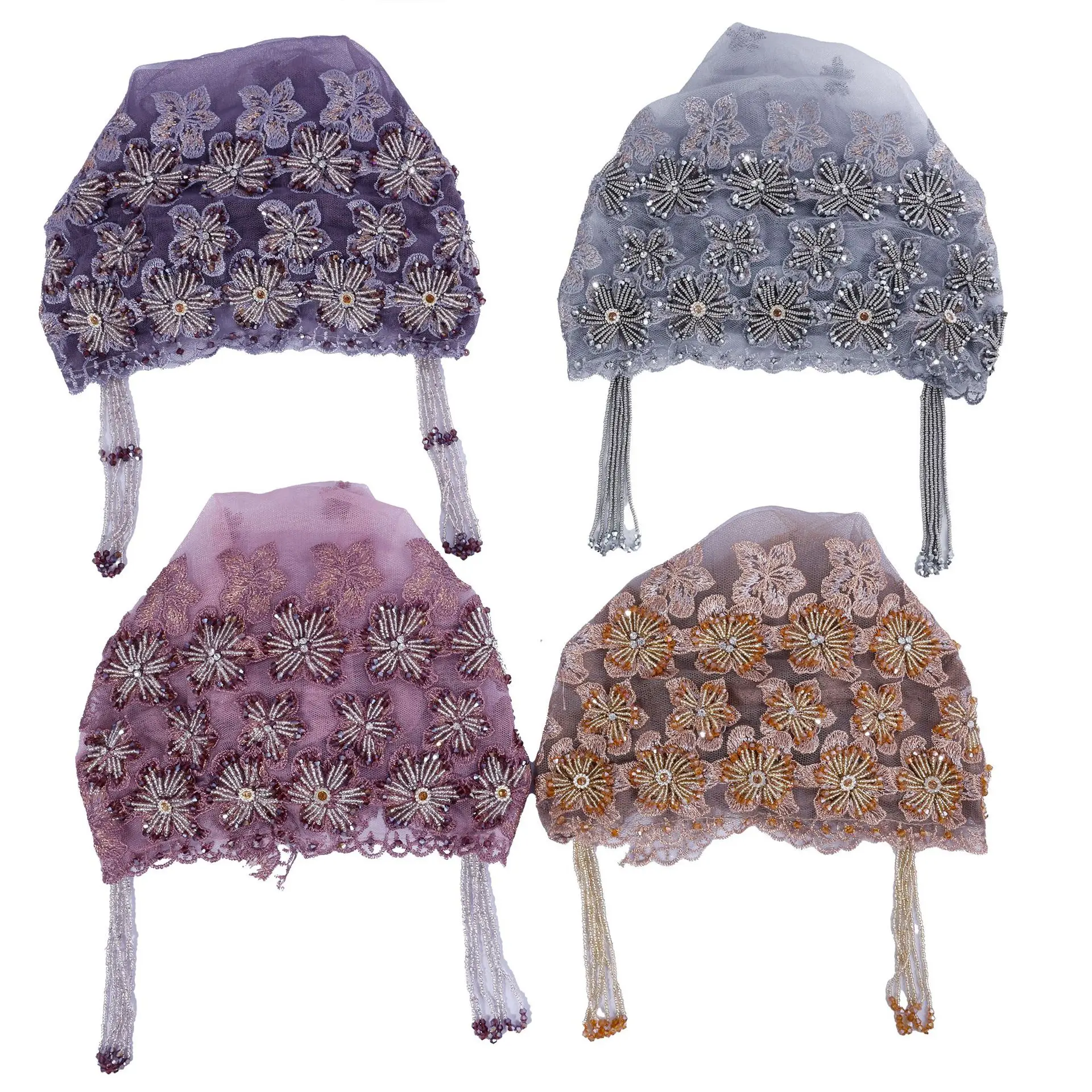 Nowa etniczna chusta na głowę z frędzlami, haftowana turban z koralikami, luksusowa czapka z frędzlami, damski muzułmański hidżab, koronkowa ozdoba na głowę na wesele, czapki typu beanie.