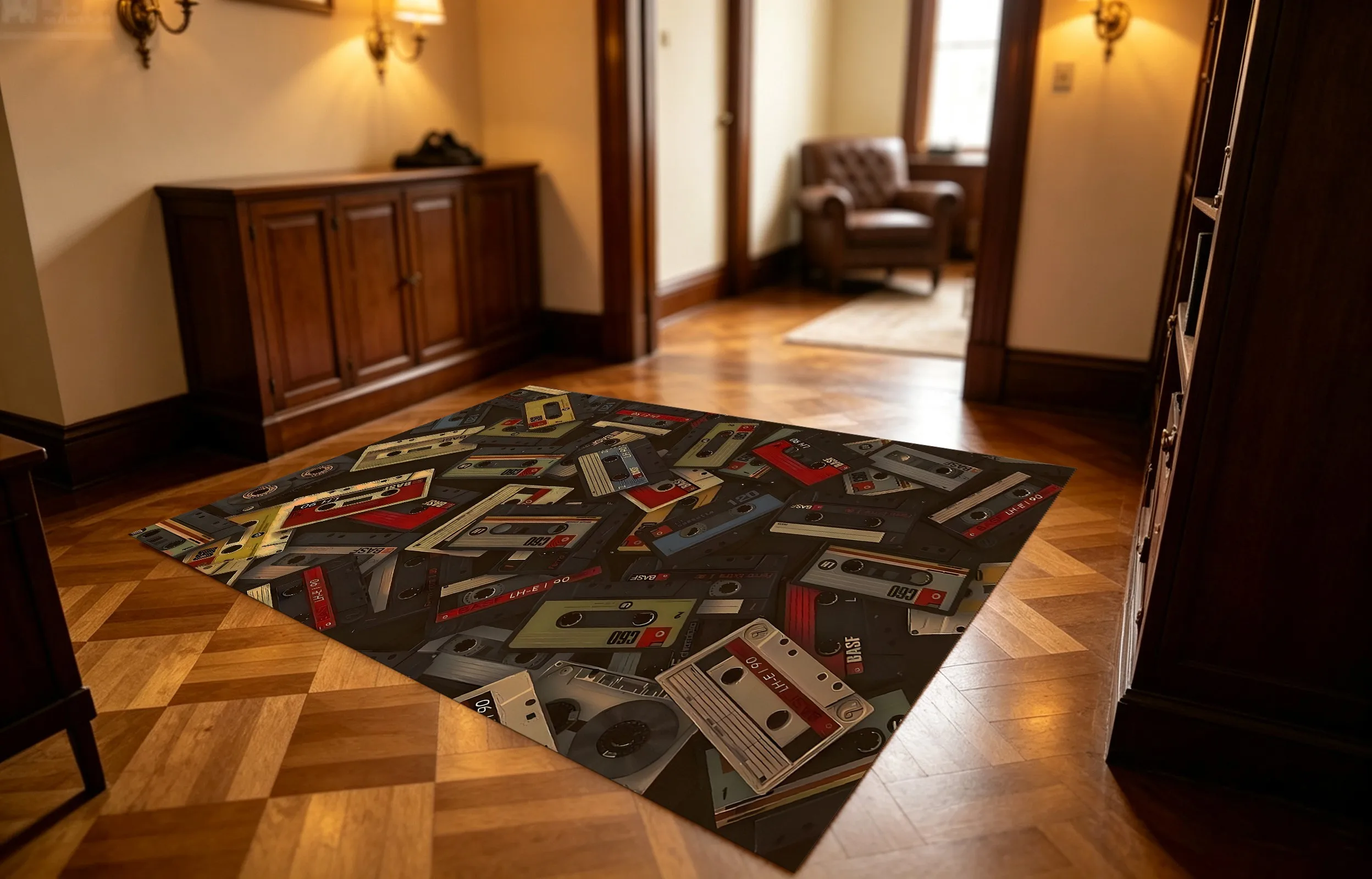 Retro Cassette Tape Print, American Nostalgic Style, Suitable for New Year's Eve/Retro-Themed Parties, Bedroom, Bedside, Home Theater, Trendy Shop Decoration, Full of Nostalgic Atmosphere, Velvet Rug