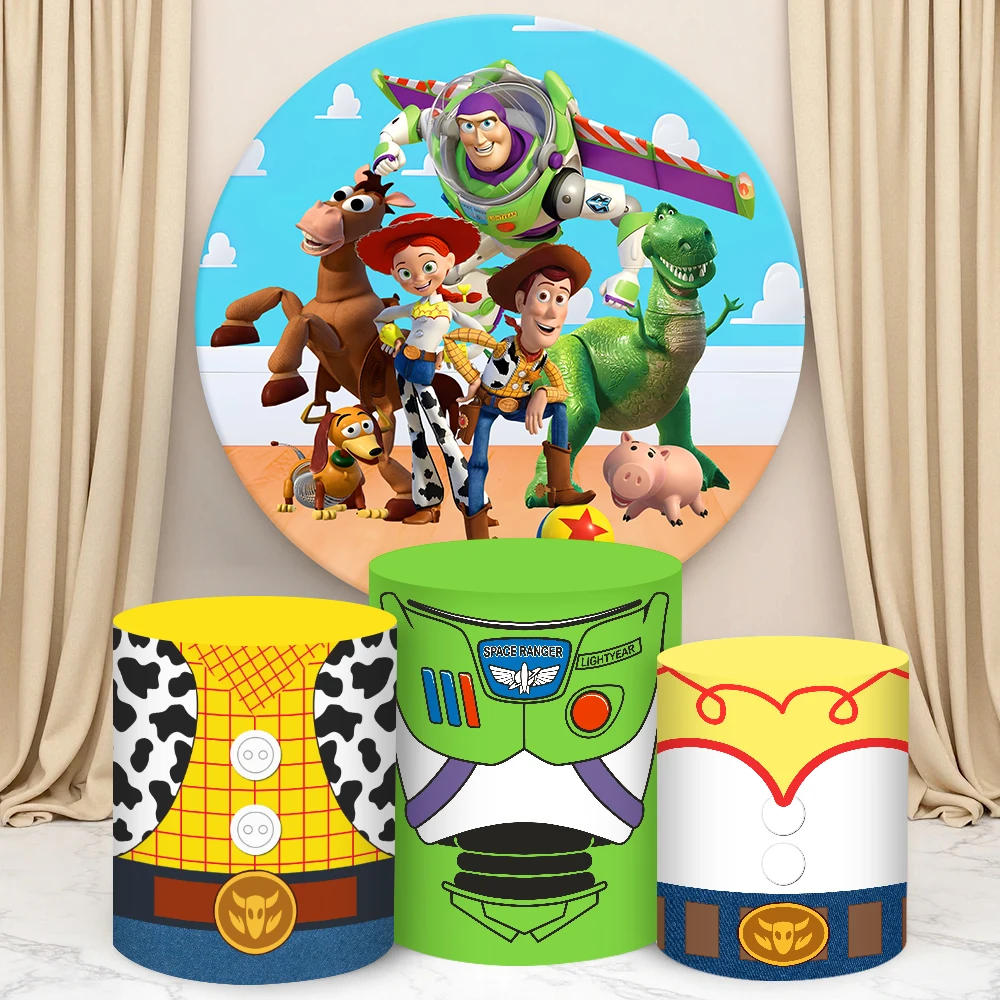 

Toy Story Round Cylinder Backdrop Cover for Kids Birthday Shower Party Cylindrical Cake Table Cover Party Photograph Decoration