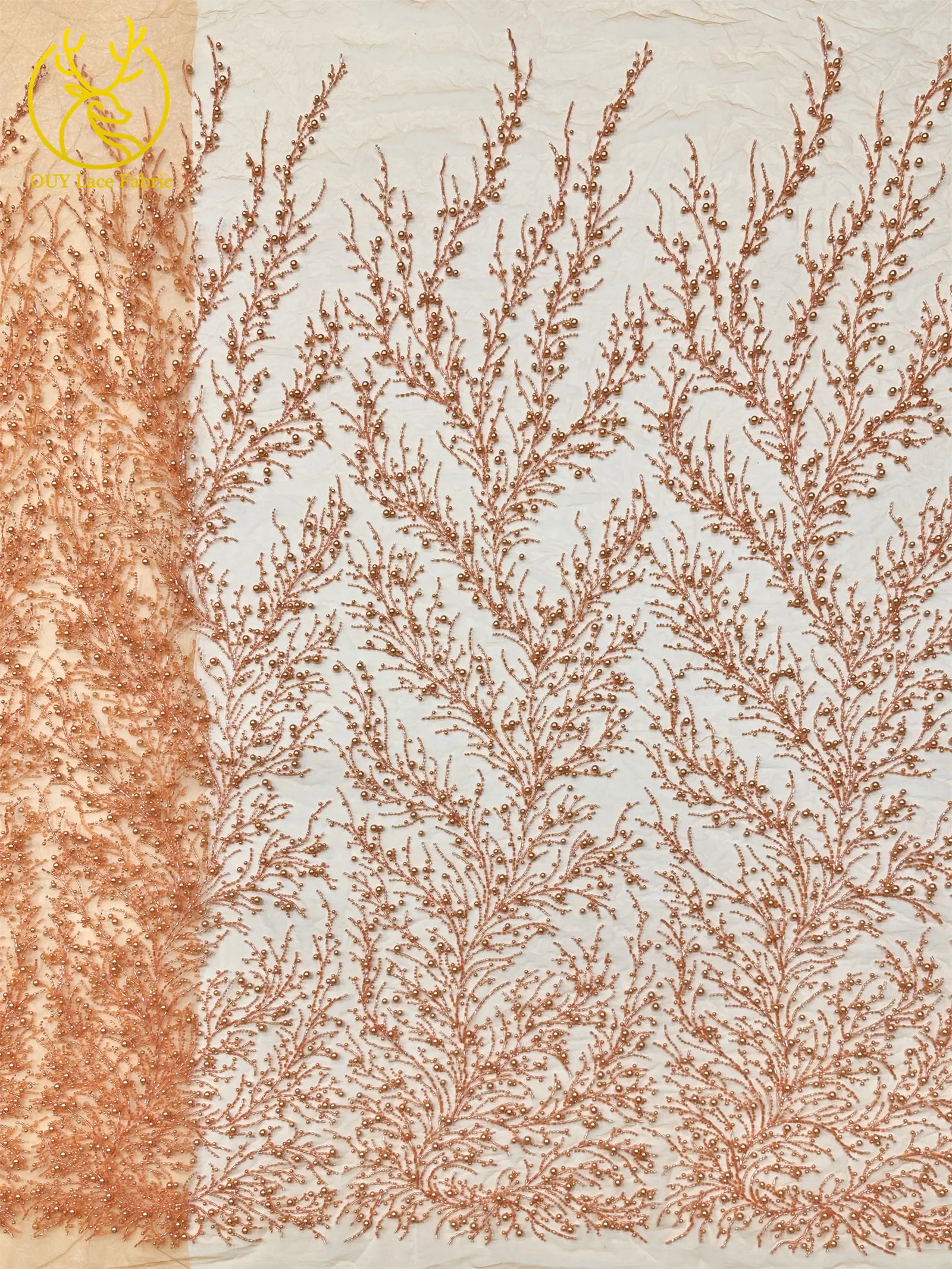 オレンジ色のアフリカの新郎用ビーズ付きレース生地2025高品質高級フランスナイジェリアスパンコールレース生地、パーティーウェディング用5ヤード