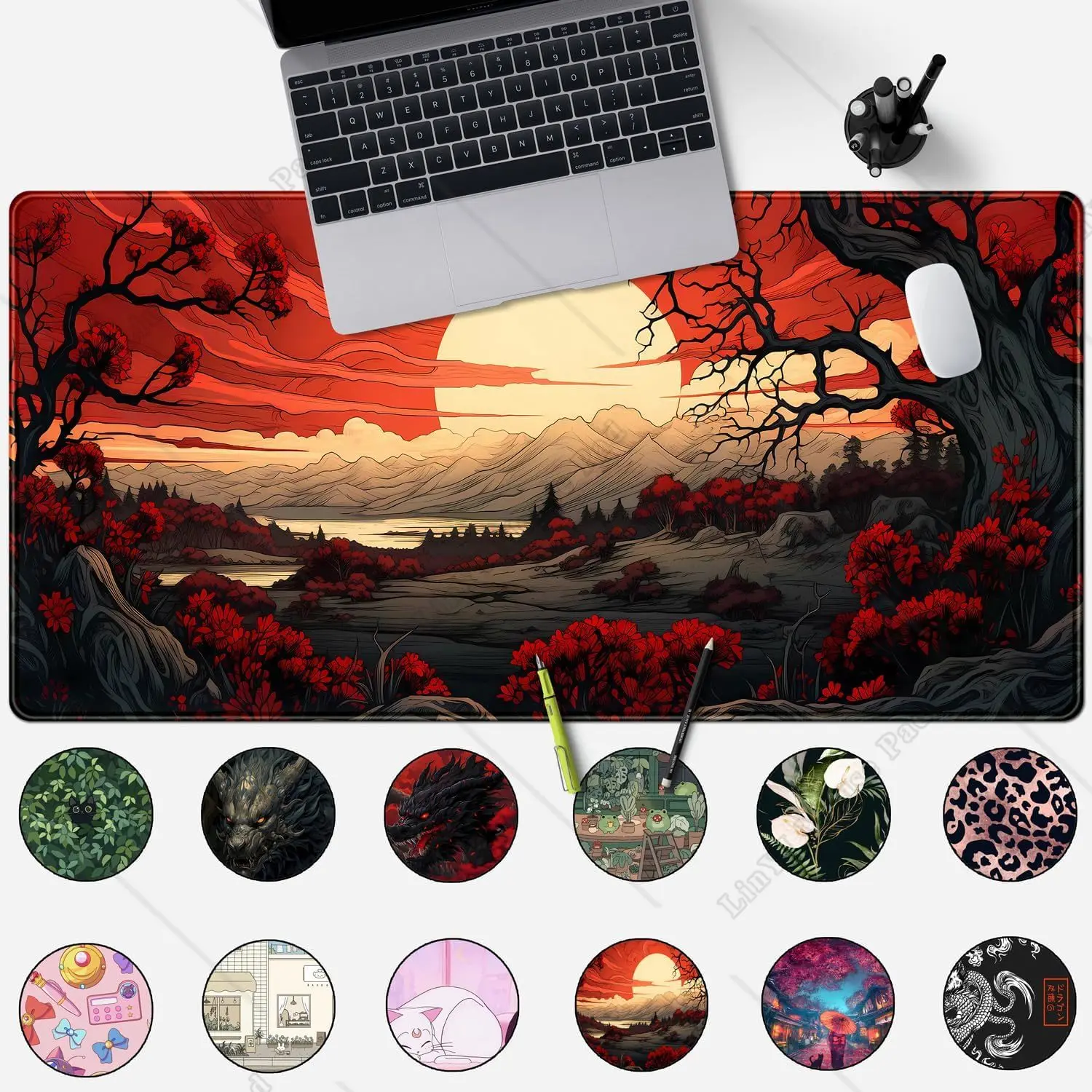 Red and Black Japanese Mouse Pad XL Anime Large Gaming Large Mouse Pad Desk Pad with Stitched Edges Non-Slip Rubber 31.5x11.8 in