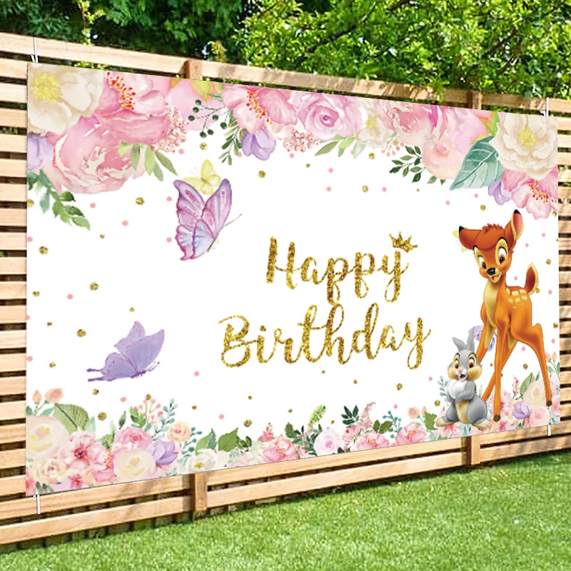 Disney Bambi & Thumper Photo Backdrop Pink Flowers Butterfly Photography Background For Girls Happy Birthday Party Banner Decor