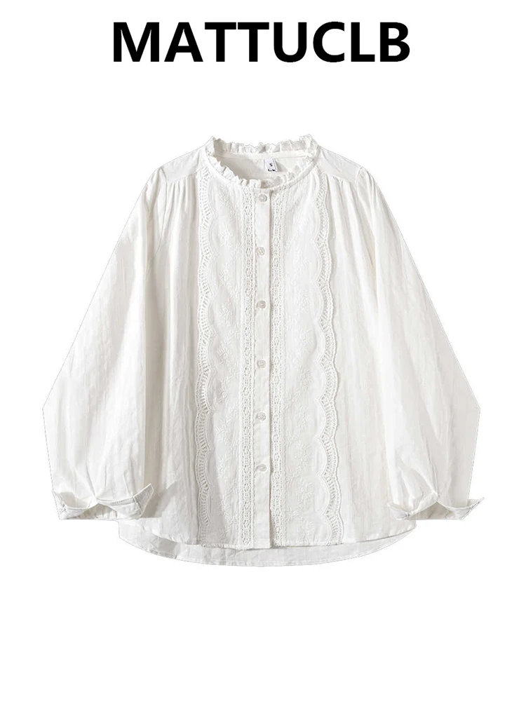 2026 Women French Vintage White Shirt Long Sleeve Blouse Design Lace Tops Loose Casual Mori Girl 2000s Aesthetic Trendy New In