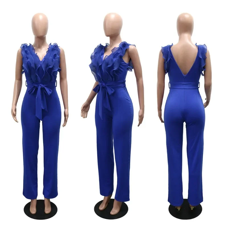 GUWU Moda Scollo a V Telai Ruffles Tuta dritta 2025 Donna Summer Street Sexy Vacation Party One Piece Pagliaccetto generale