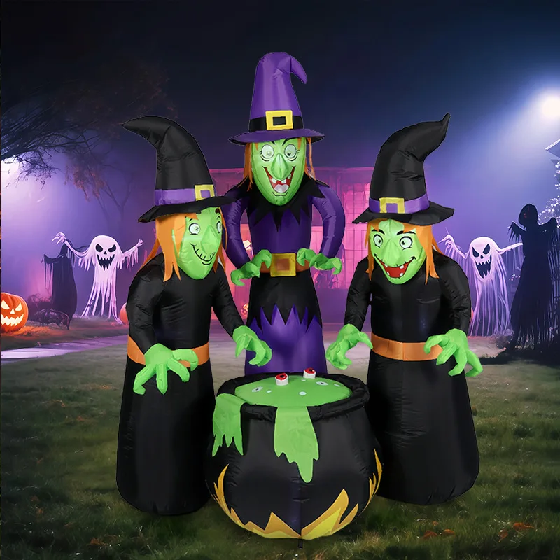 Halloween Inflatable 3 Witches & Cauldron Air Model, LED Lighted Outdoor Yard Holiday Ornament