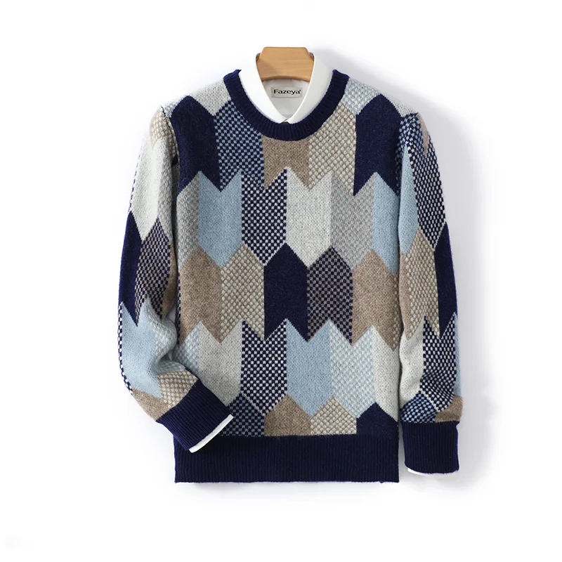 سترة رجالية من الصوف الخالص 100% برقبة دائرية وسهم ريترو كتلة ألوان قاعدة بلوفر كتلة ألوان غير رسمية من الصوف الناعم تريكو