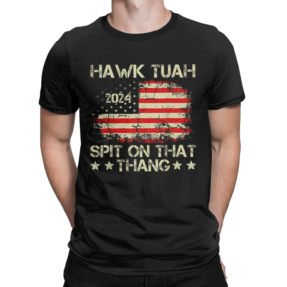 Novelty Hawk Tuah 24 Spit On That Thang T-Shirts Men Round Neck 100% Cotton T Shirt America Flag Short Sleeve Tees Printed Tops