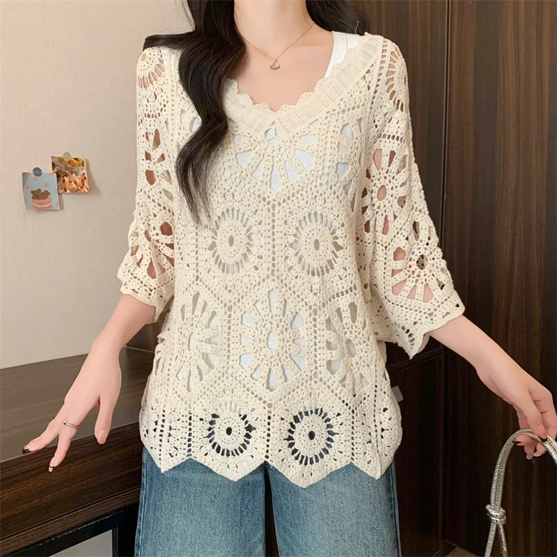 

Модная сексуальная открытая шаль для пляжного отдыха, солнцезащитная рубашка, новинка 2025, летние вязаные крючком кружевные топы с рукавами три четверти