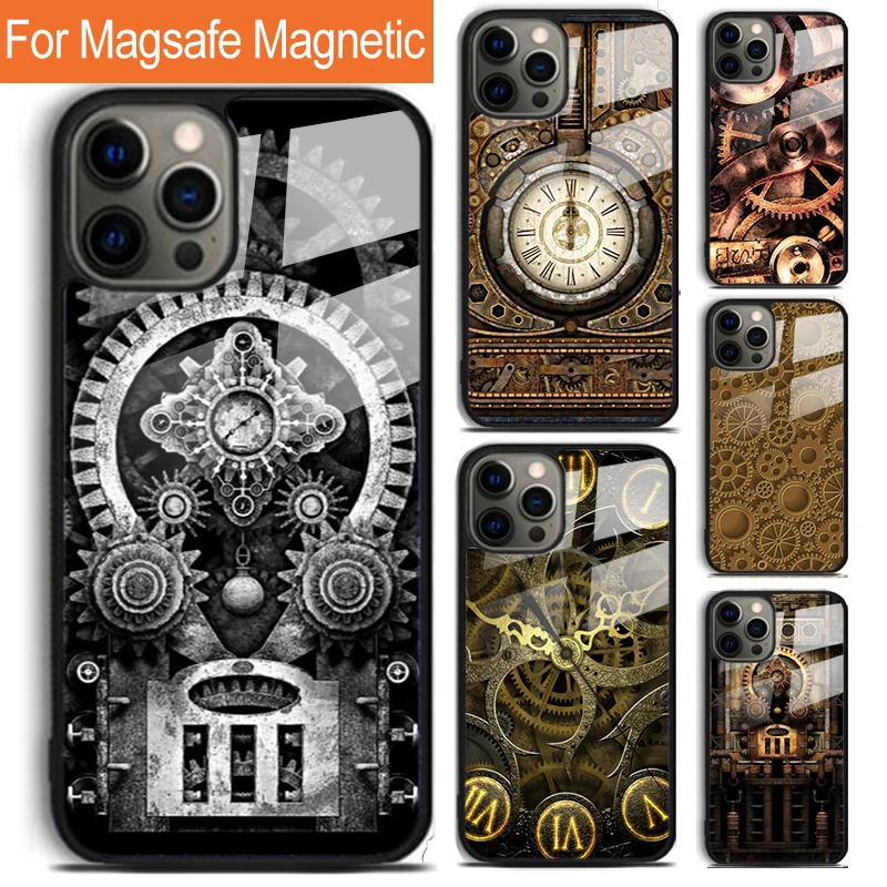 Steampunk Gears Vintage Time Machine Phone Case For iPhone 16 15 14 13 12 Pro Max Plus Magsafe Magnetic Wireless Charging Cover