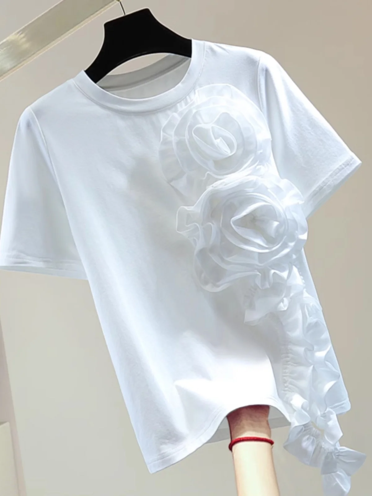 Loose Fit round Neck Short Sleeve Women's T-shirt Korean Style Spring Summer Pure Color Fringed Casual Top Heavy Embroidery