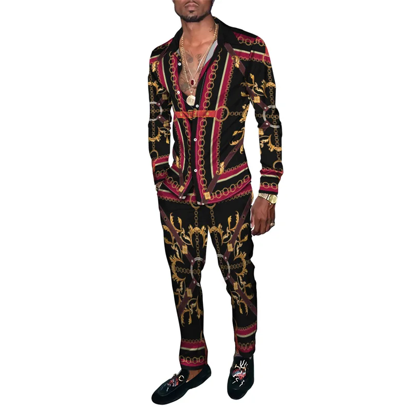 Men Travel Casual Retro Ethnic Floral Totem 3D Print Tracksuit Male Long Sleeves Lapel Button Cardigan Shirt Pants 2 Piece Sets