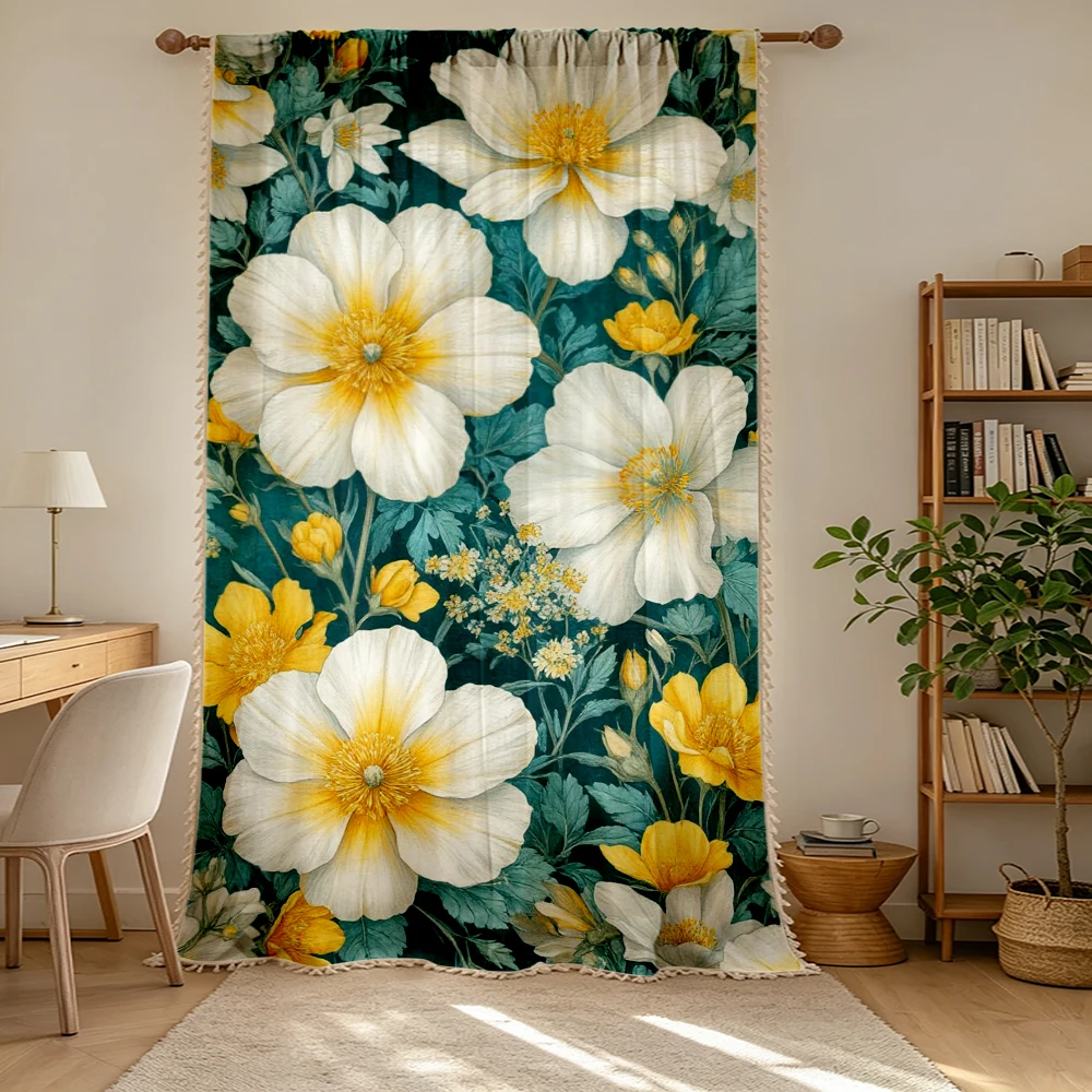 1PC Floral Tassel Sheer Curtains, White Yellow Large Flower Leaf Pattern, Digital Print, Linen Polyester, Living Room Decoration