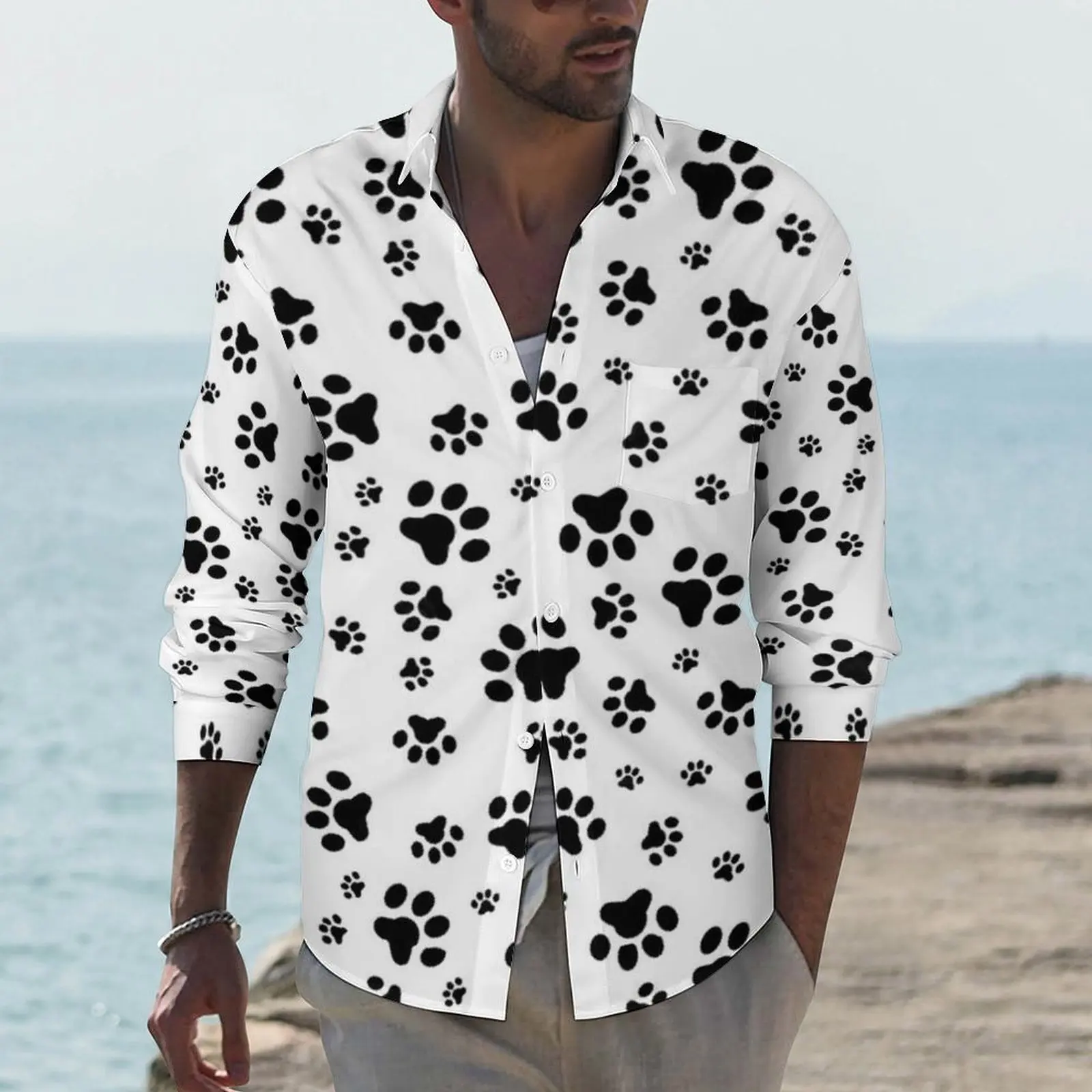 

Dog Paws Pattern Casual Shirts Men Animal Lovers Shirt Long Sleeve Retro Street Blouses Autumn Custom Clothing Plus Size