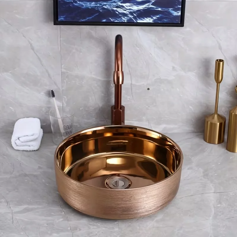 

Elegant Rose Gold Ceramic Vessel Sink, Round Design Ceramic Wash Basin - Ideal for Modern Bathroom Fixtures, Suitable for Dressing Rooms, Vanities, Bathrooms