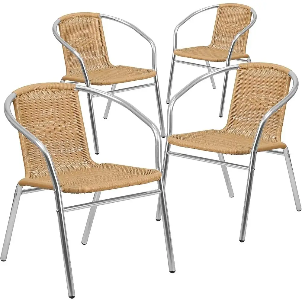 Commercial Stack Chairs Set of 4 Aluminum Rattan Back and Seat Lightweight Durable Indoor Outdoor Use