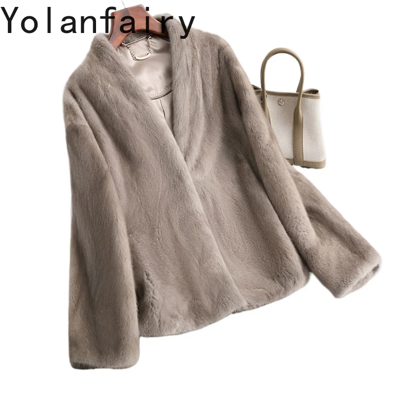 

YOLANFAIRY Женская роскошная зимняя короткая шуба из натурального меха норки с V-образным вырезом, серая норковая куртка