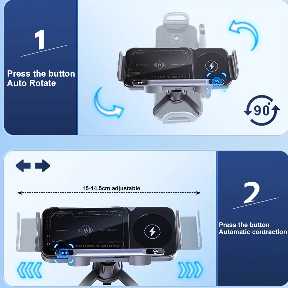 차량용 무선 충전기 듀얼 코일 폴드 스크린 터치 회전 휴대폰 거치대 마운트, 삼성 갤럭시 Z 폴드 3 2 플립 6 5 4 아이폰