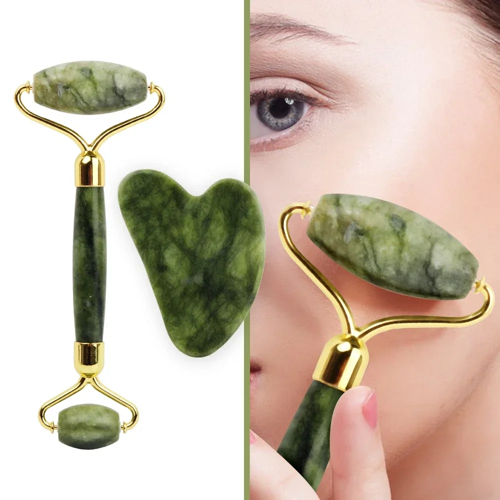 Masajeador Facial de piedra Natural, rodillo de Jade y juego Gua Sha para belleza Facial, ojos, cuello, Reduce líneas finas y arrugas, cuidado de la piel