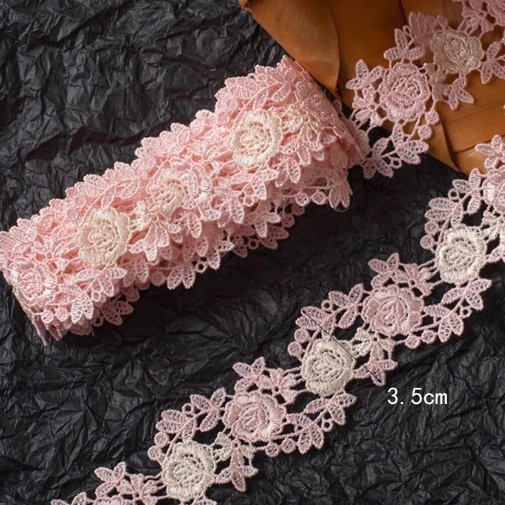 1 Yard Pink Embroidered Lace Ribbon Water Soluble Fabric DIY Garment Accessories Lace Trim Sewing Craft 3.5cm Wide
