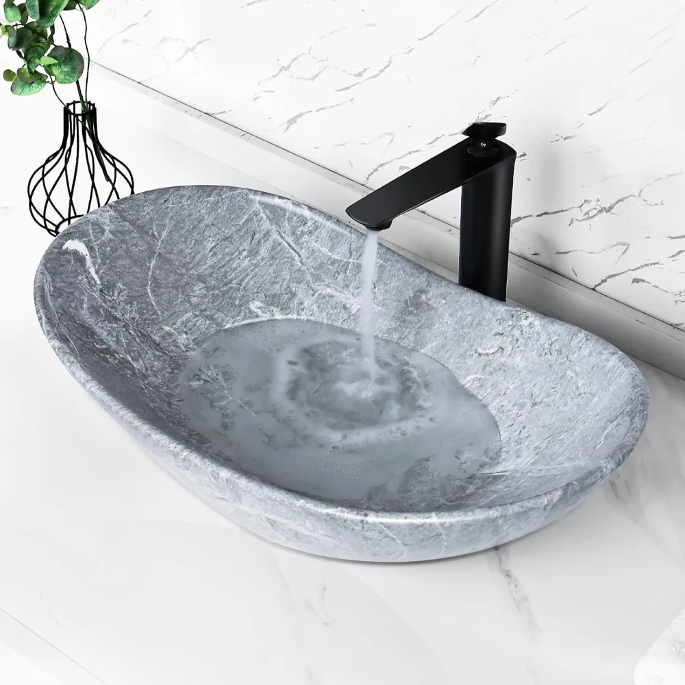 

Boat Shaped Bathroom Container Sink Bowl Art Basin With Pop Up Drain Modern Grey Ceramic Ceramic Bathroom Dresser Container Sink