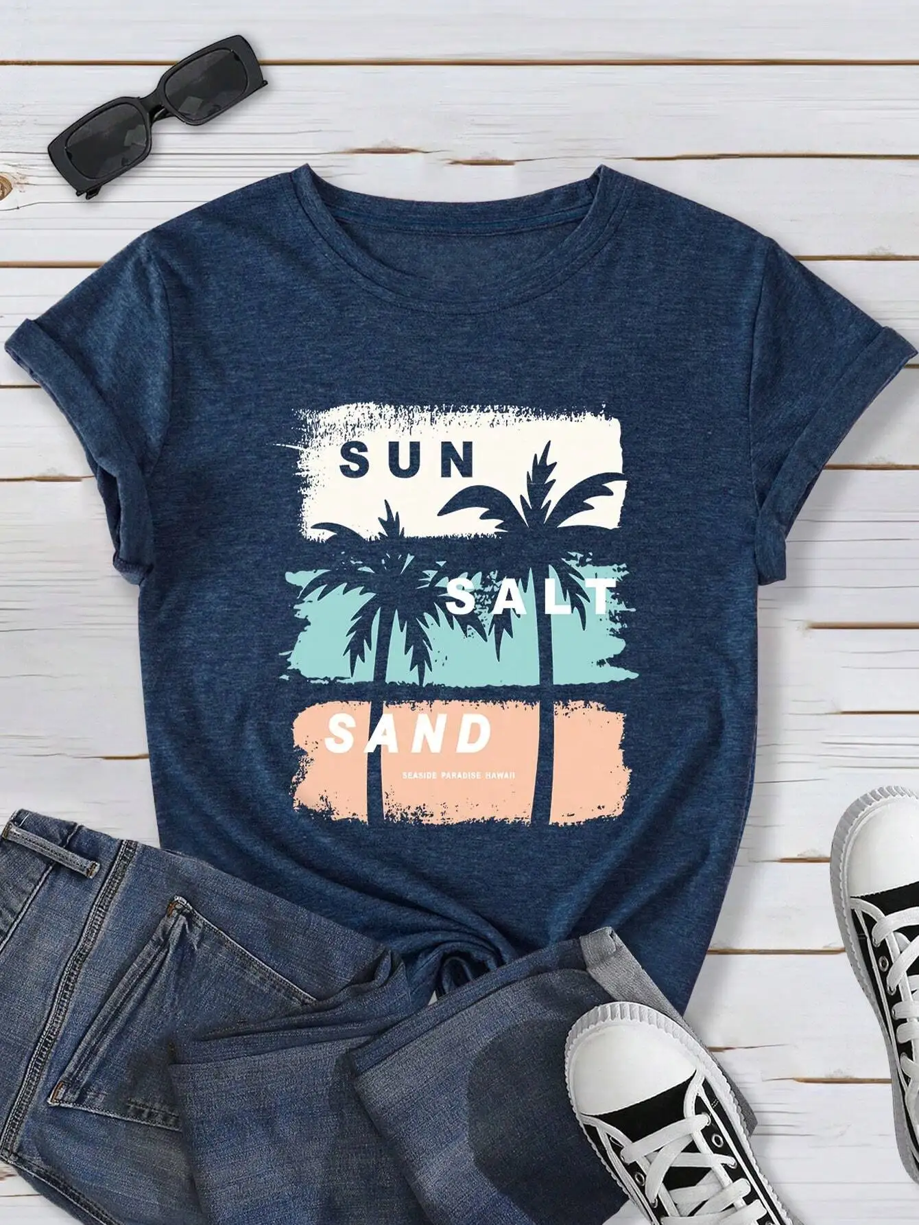 

Plus Size Women Summer Coconut Tree Letter Print Casual Short Sleeve T-Shirt