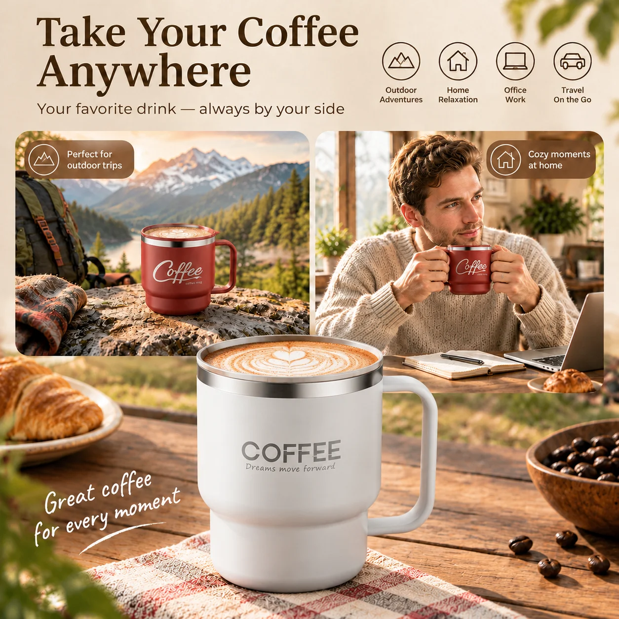 400ML Stainless Steel Coffee Mug With Handle Portable Double Layer Milk Coffee Mug Sealed Leak-proof Drinking Thermal Water Cup