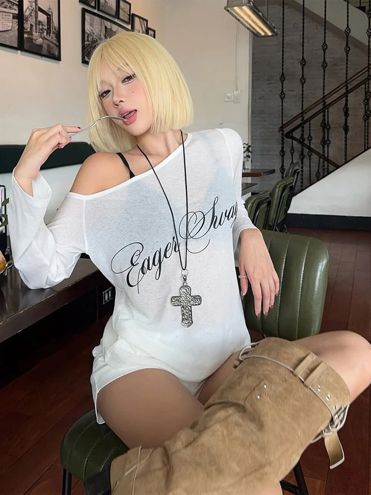 

Sisterlinda Through t-Shirt Women Full Sleeve Asymmetrical Collar Letter Print Street Hip Hop Style Simple Classic Hottie Tops