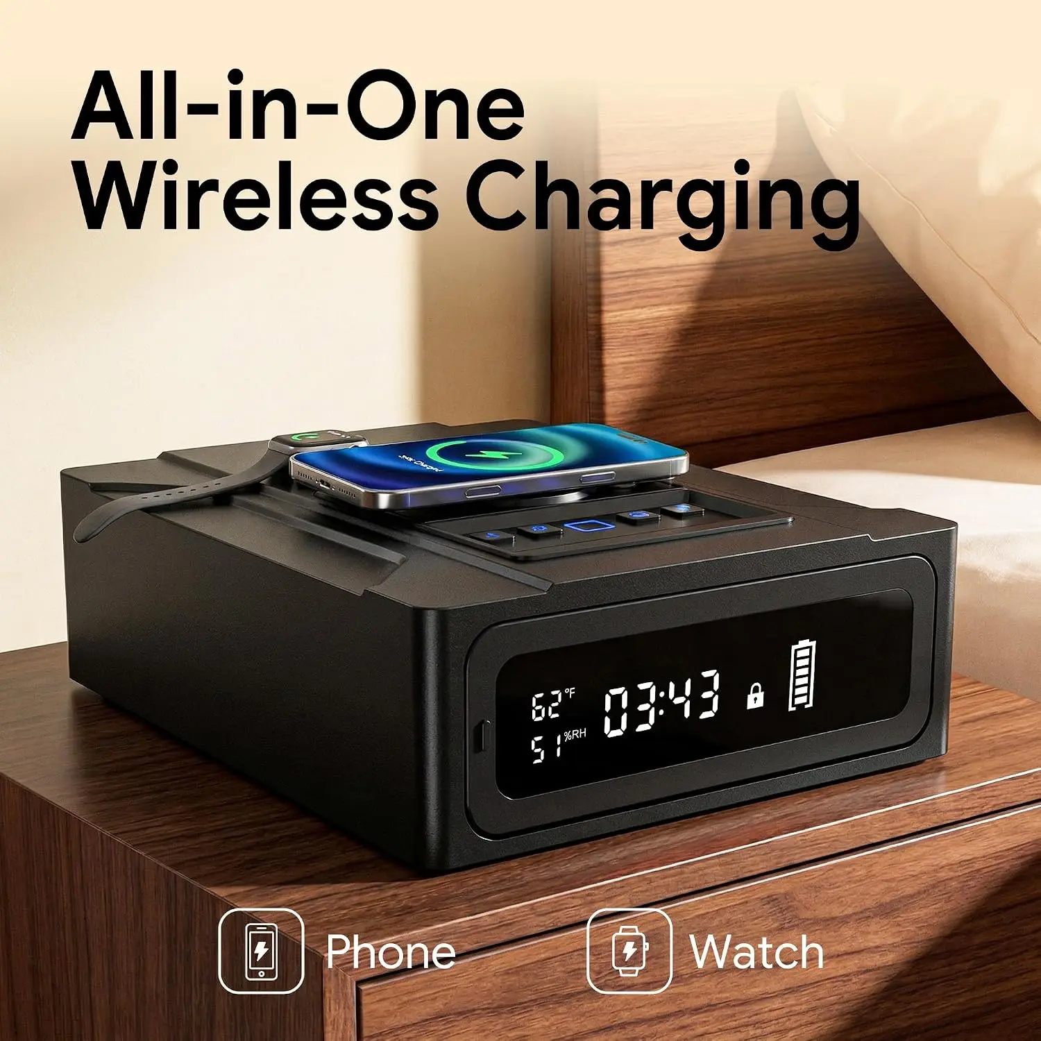 Bedside Gun Safe with Wireless Charging - Biometric Safe with Fast Fingerprint, Backup Key & USB-C Emergency Unlock, Alarm Clock