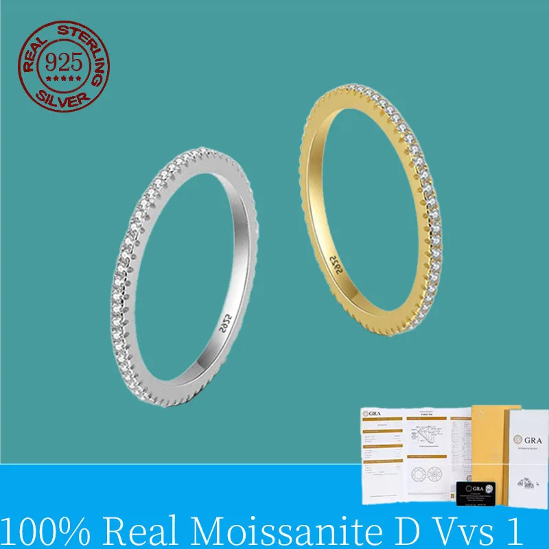 Women Stackable Eternity Band Ring S925 Sterling Silver Full 1.5MM Moissanite 3‑Tone Wedding Promise Ring Birthday Gift for Her