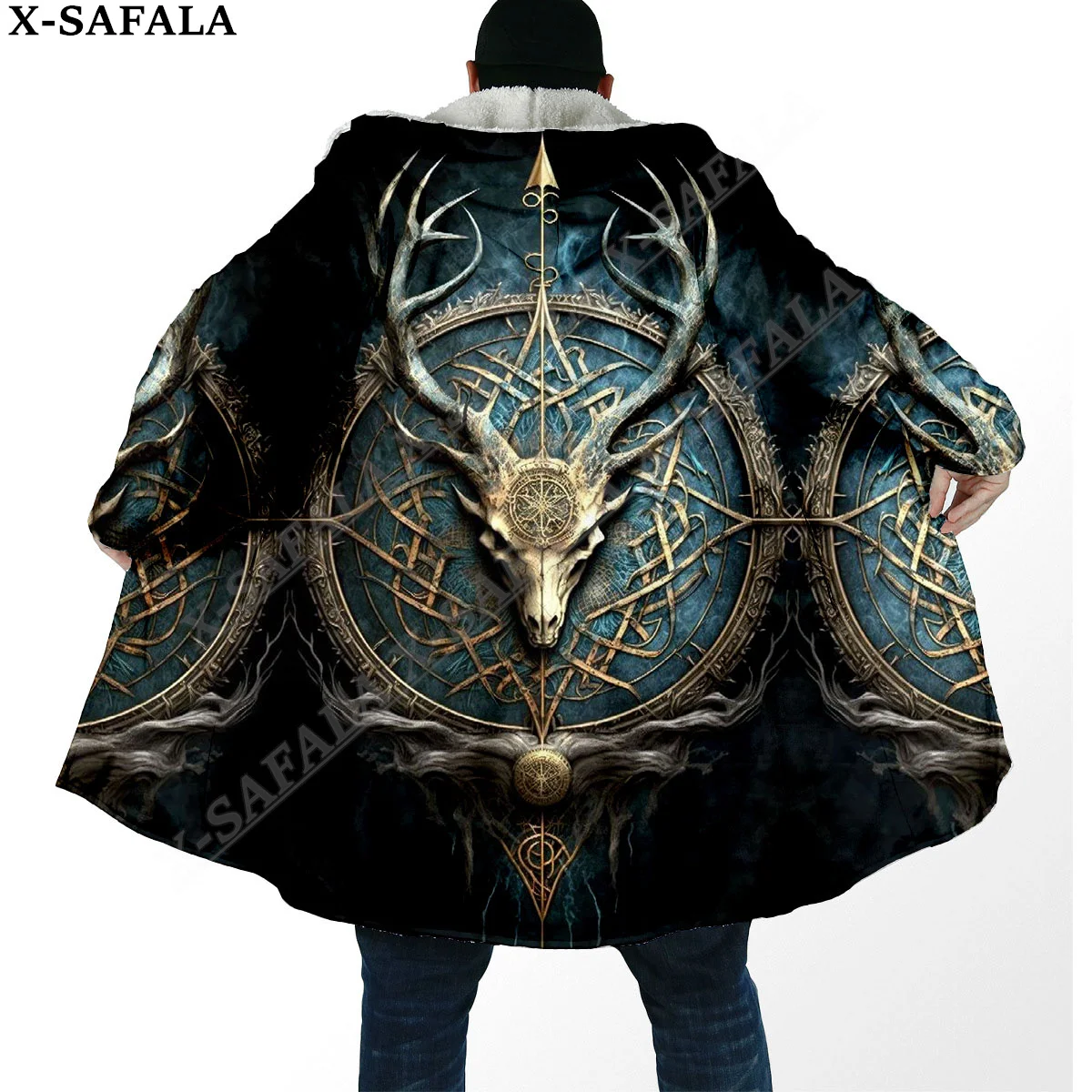 Wolf Raven Tattoo Symbol Viking Odin Tree of Life Overcoat Coat 3D Print Thick Warm Hooded Cloak  Men Windproof Fleece Unisex-1