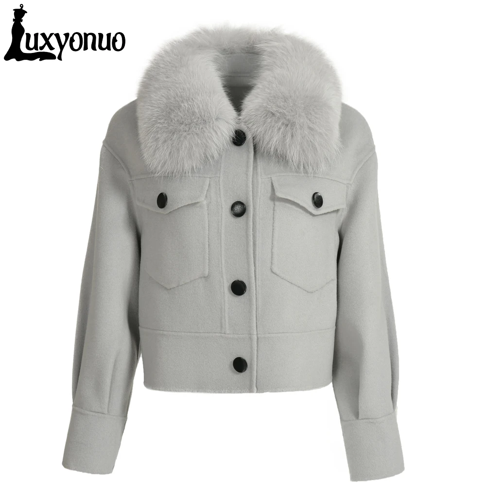 Luxyonuo 2022 Cashmere Jacket Winter Women Natural Fox Fur Collar Double Faced Wool Coat Single Breasted Ladies Outerwear