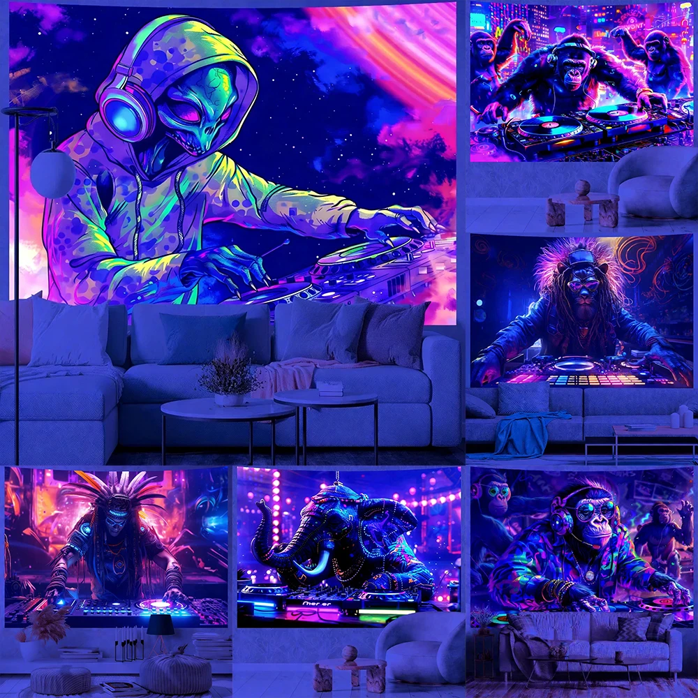 

Glow in the Dark DJ Themed Wall Tapestry UV reaction tapestry background decoration wall hanging bedroom party decoration