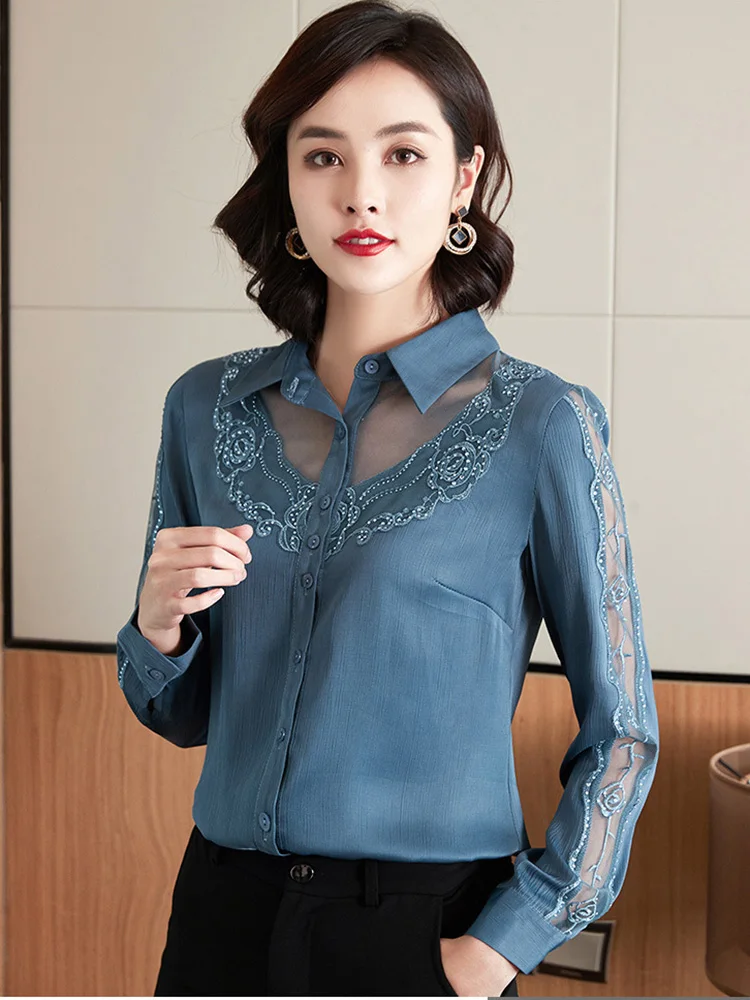 VENTE automne chemise en mousseline de soie pour les femmes 2025 nouvelle dentelle brodée Patchwork Satin tempérament chemise