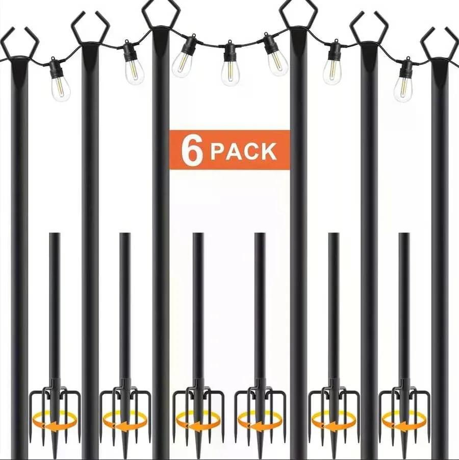 Pack Of 6 String Light Poles, 11.1-Foot Outdoor String Light Poles, Outdoor Light Poles With Branches, Metal Light Pole Brackets Suitable For Patios, Decks, Backyards, And Gardens; Durable And Sturdy